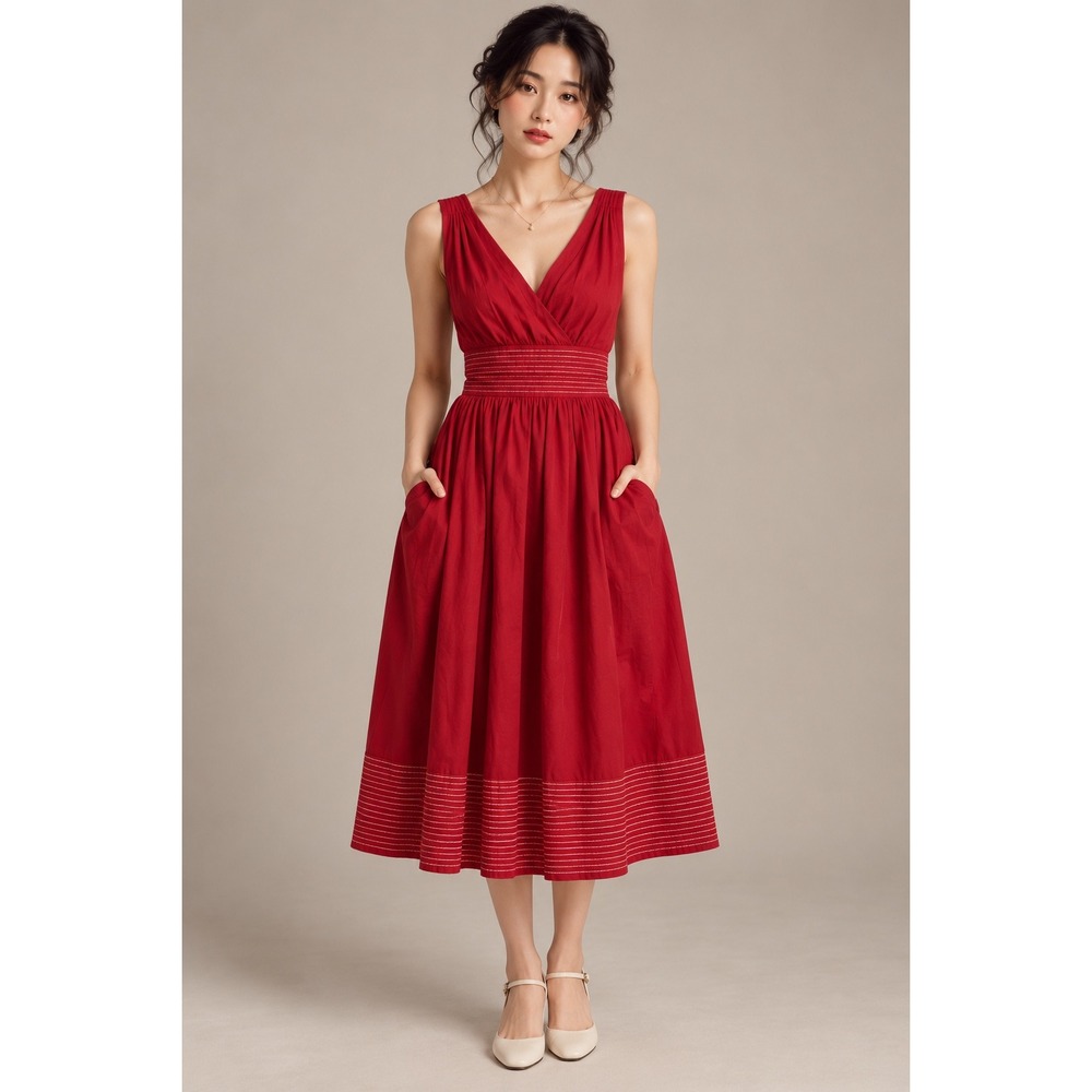Vintage Suzi Chin for Maggy Boutique Red Cotton Wrap Midi Dress 10 Retro Wedding